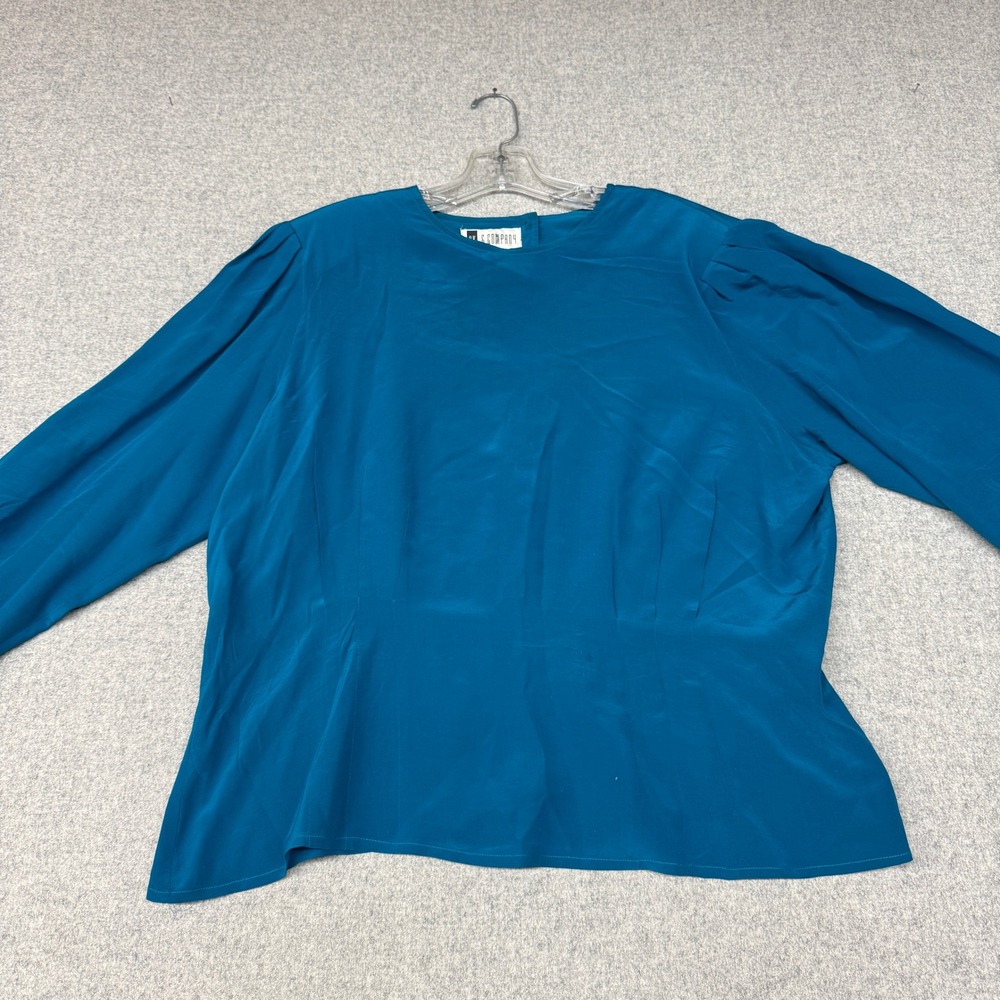 SK & Company Blouse 16 Teal Blue 100% Silk Back Button Puff Shoulder Long Sleeve